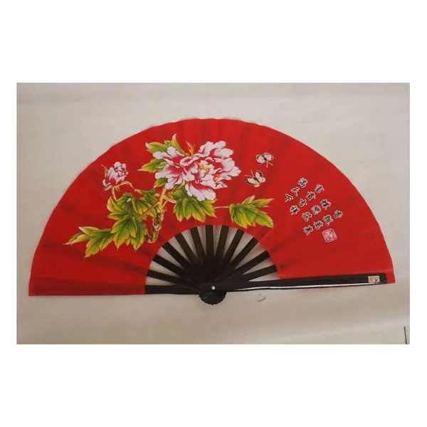 Ventaglio grande in plastica 33 cm, tessuto rosso con peonie