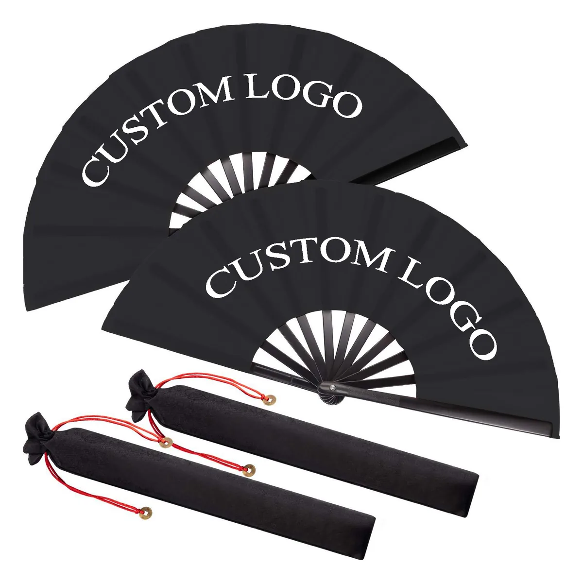 Ventaglio grande in bambù personalizzato, nero, con custodia, personalizzato con il tuo logo