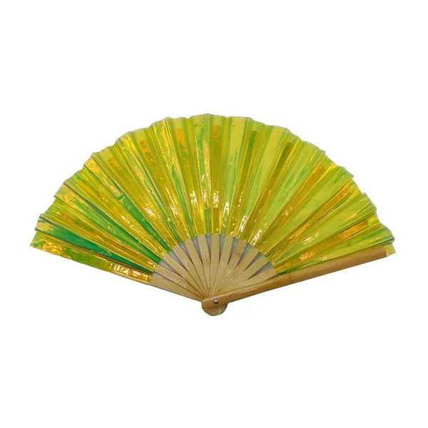 Ventaglio iridescente personalizzato 33 cm, PVC lime, bambù, grafica 3