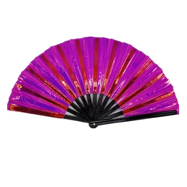 Ventaglio iridescente personalizzato 33 cm, PVC viola e oro, grafica 2