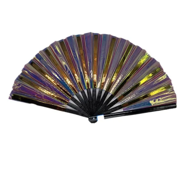 Ventaglio iridescente personalizzato 33 cm, PVC viola e oro, grafica 4