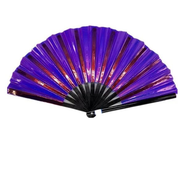 Ventaglio iridescente personalizzato 33 cm, PVC viola e oro, grafica di stock 6