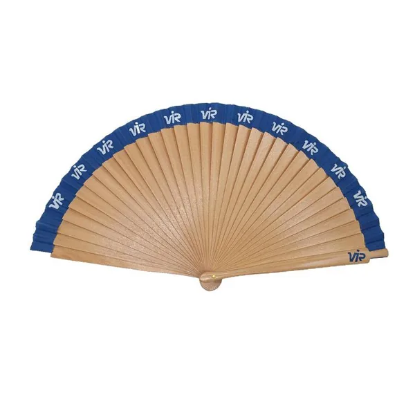 Ventaglio in legno bicolore personalizzato, giallo e blu, grafica 3