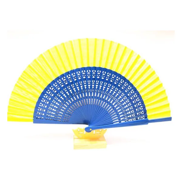 Ventaglio in legno bicolore personalizzato, giallo e blu