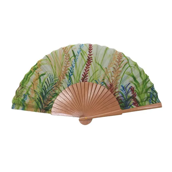 Ventaglio in legno dipinto a mano, botanico, stecche rame