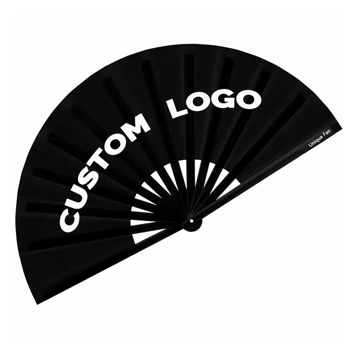 Ventaglio nero da festival personalizzato, raso, grande formato, personalizzato con il tuo logo