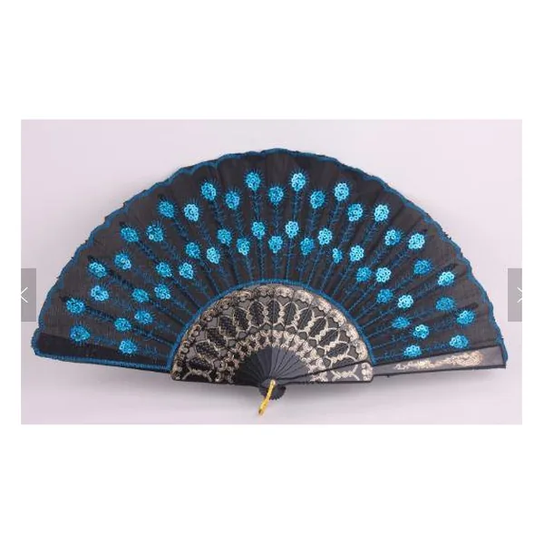 Ventaglio di paillettes personalizzato, pavone blu ricamato, grafica 3