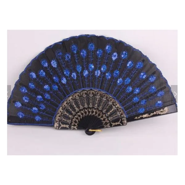Ventaglio di paillettes personalizzato, pavone blu ricamato